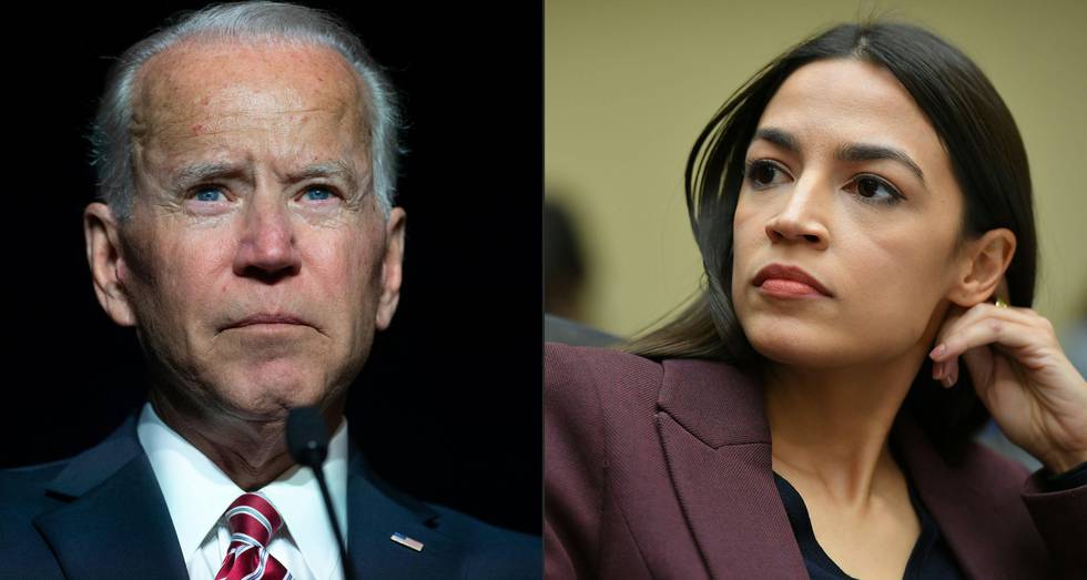 (COMBO) This combination of pictures created on May 14, 2019 shows,
A file photo taken on March 16, 2019, former US vice president Joe Biden speaks during the First State Democratic Dinner in Dover, Delaware. and
A file photo taken on February 27, 2019 US Congresswoman Alexandria Ocasio-Cortez (D-NY) listens as Michael Cohen, attorney for President Trump, testifies before the House Oversight and Reform Committee in the Rayburn House Office Building on Capitol Hill in Washington, DC. - Democratic 2020 frontrunner Joe Biden was forced into defending his environmental record on May 14, 2019 after a popular progressive in Congress demanded presidential hopefuls abandon a "middle-of-the-road" approach to combatting climate change. "You never heard me say middle of the road. I've never been middle of the road on the environment," the former vice president, 76, said at a campaign stop in New Hampshire, a day after first-term congresswoman Alexandria Ocasio-Cortez implicitly rebuked Biden over the issue. (Photos by SAUL LOEB and MANDEL NGAN / AFP)