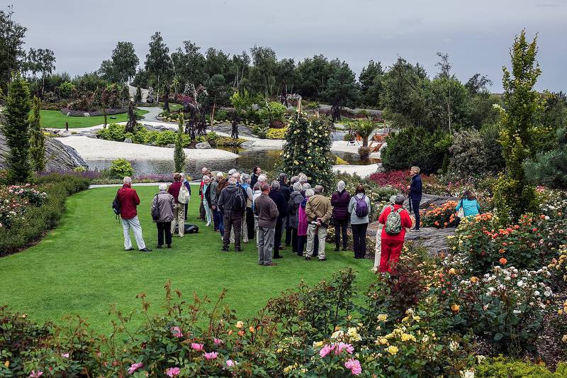 I hagen på Hidle er det plantet 50.000 planter. Her blir turistene guidet rundt av vertinnen Siri Bryn. Foto: Roy Storvik