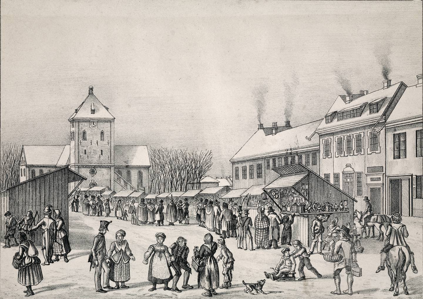Marked på Stortorget ca. 1830. Ukjent kunstner.
