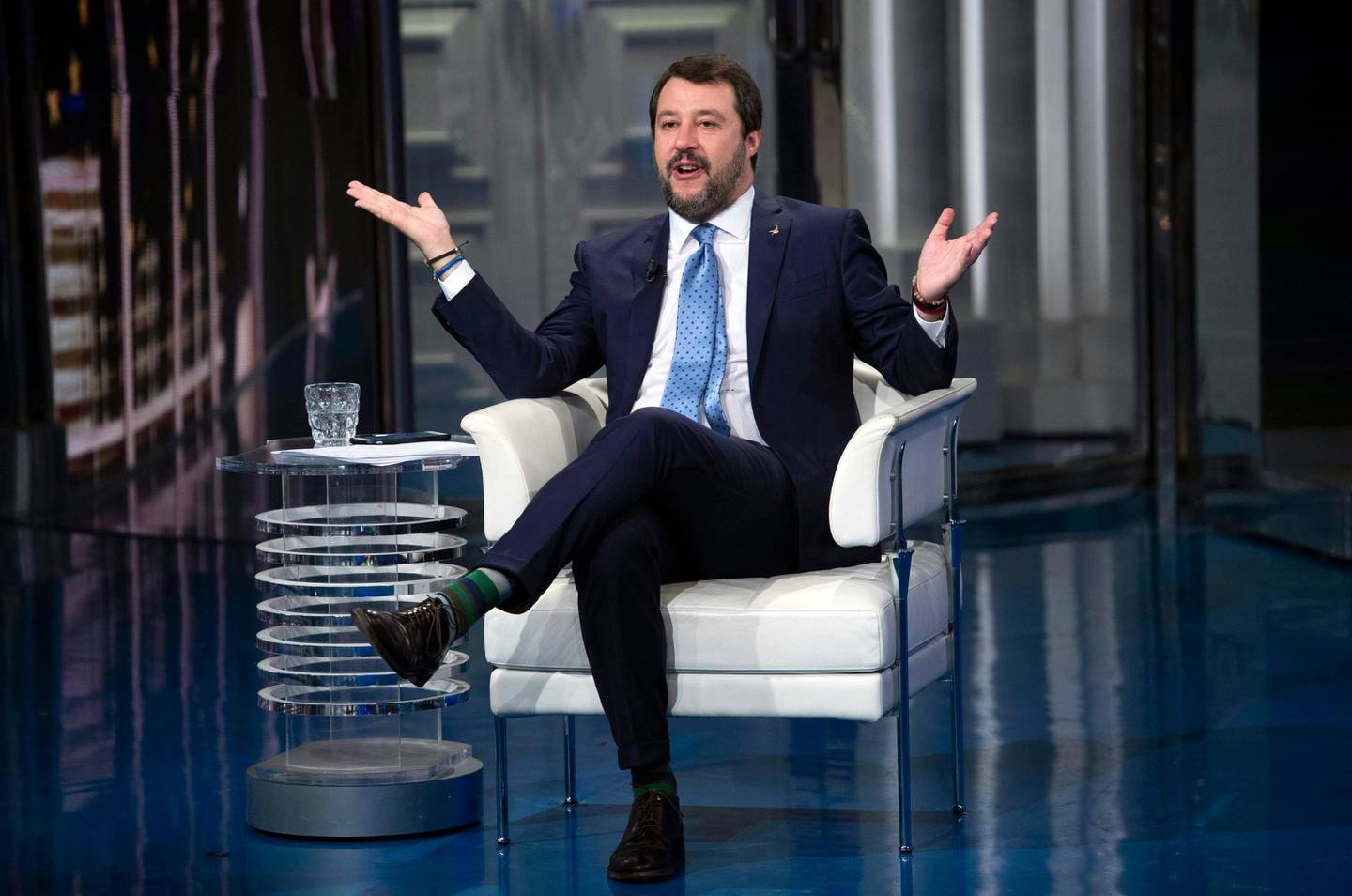 The League party's leader, Matteo Salvini, attends a TV show in Rome, Tuesday, Dec. 3, 2019. (Maurizio Brambatti/ANSA via AP)