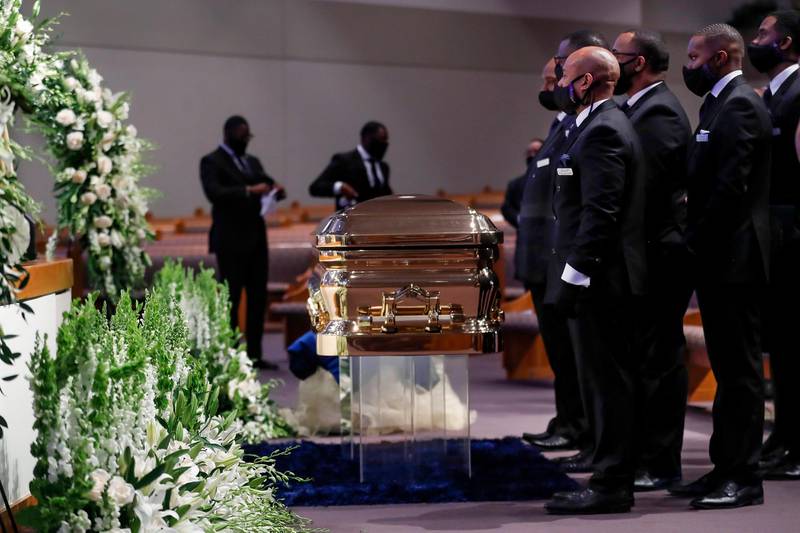 Pallbearers stand in front of the casket before the funeral for George Floyd on Tuesday, June 9, 2020, at The Fountain of Praise church in Houston. Floyd died after being restrained by Minneapolis Police officers on May 25. (Godofredo A. Vásquez/Houston Chronicle via AP, Pool)