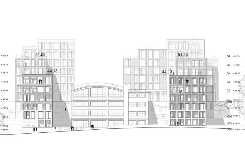 Byggehøyder over og under nivået med Løkkeveien, sett fra Gamle Stavanger. Illustrasjon: Henning Larsen Architects