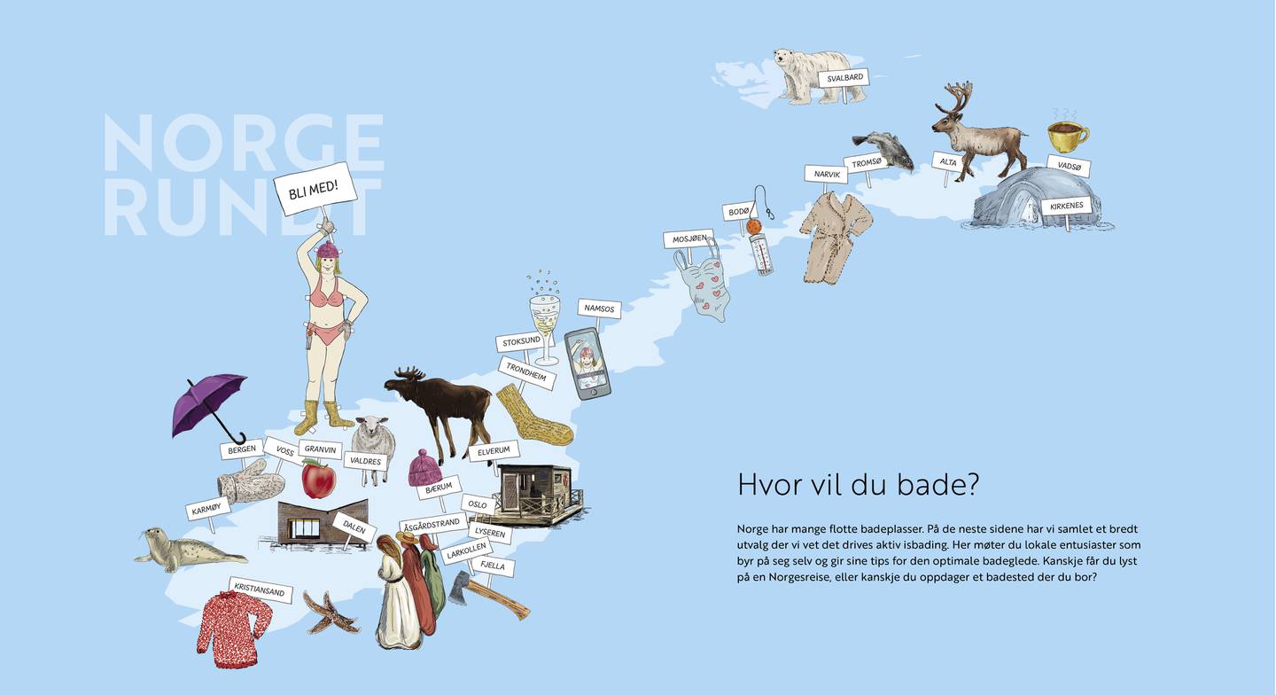 I boka har Anne Kristin Møller laget et kapittel til alle badeklubbene hun har besøkt. Illustrert av Ragnhild Løvvold.