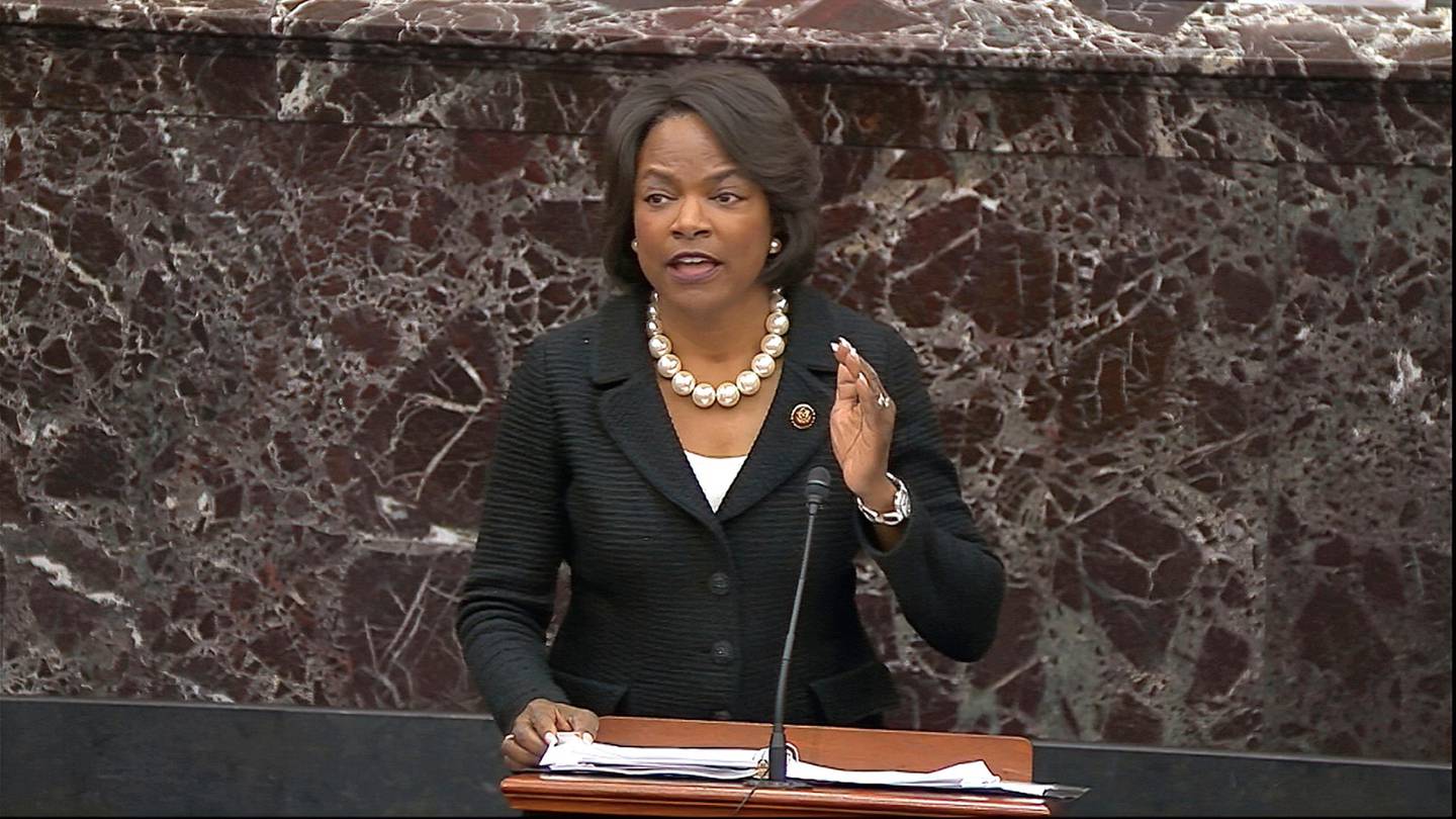 In this image from video, House impeachment manager Rep. Val Demings, D-Fla., speaks during debate ahead of a vote on calling witnesses during the impeachment trial against President Donald Trump in the Senate at the U.S. Capitol in Washington, Friday, Jan. 31, 2020. (Senate Television via AP)