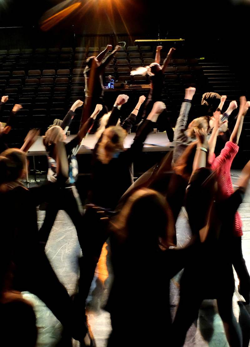 Først: Representanter fra Ål, Ringerike, Lier, Dammen og Kongsberg lærer flashmob-dansen. Stegene er enkle – så folk skal kunne slenge seg på. ALLE FOTO: PERNILLE VESTENGEN
