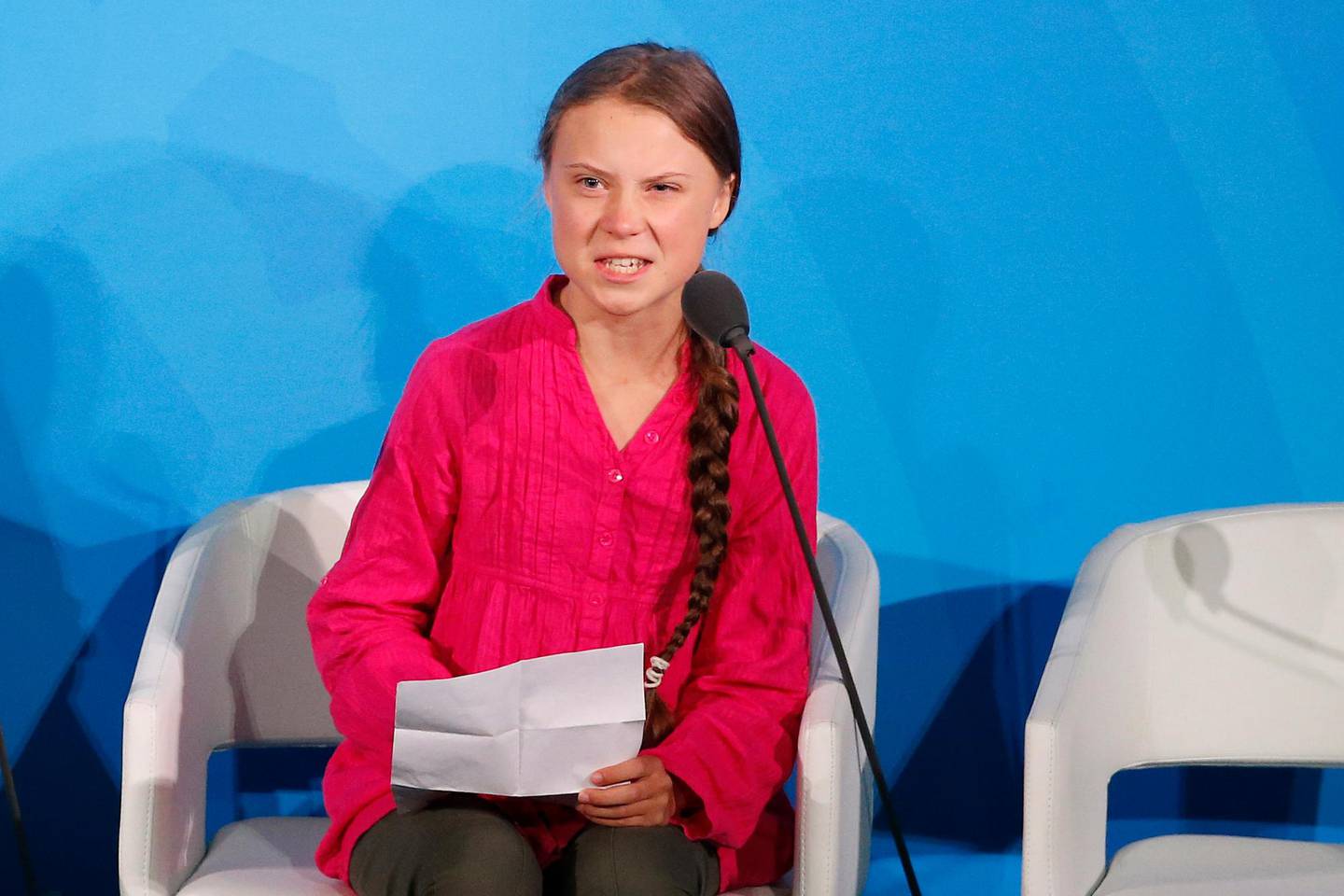 Environmental activist Greta Thunberg, of Sweden, addresses the Climate Action Summit in the United Nations General Assembly, at U.N. headquarters, Monday, Sept. 23, 2019. (AP Photo/Jason DeCrow)