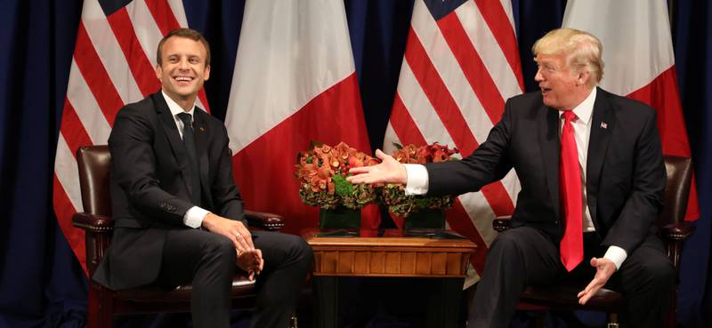 GOD TONE: Frankrikes president Emmanuel Macron og USAs president Donald Trump sies å ha en god tone. Macron er den første som tas imot i et offisielt statsbesøk etter at Trump ble president. Her fra et møte i FN i New York i september.	 FOTO: LUDOVIC MARIN/NTB SCANPIX