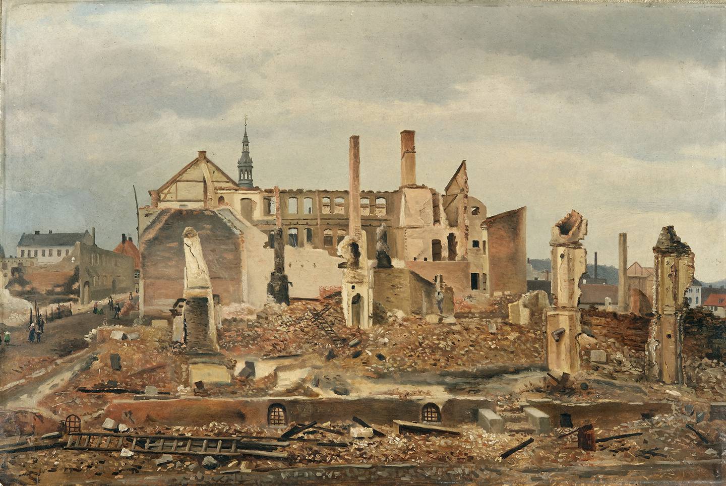 Branntomtene i Kirkegata etter storbrannen i 1858. Oljemaleri av Christopher Pritzier Meidell.