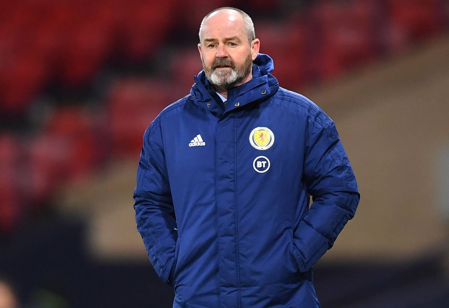 (FILES) In this file photo taken on March 31, 2021 Scotland's head coach Steve Clarke watches his players from the touchline during the FIFA World Cup Qatar 2022 Group F qualification football match between Scotland and Faroe Islands at Hampden Park in Glasgow. (Photo by ANDY BUCHANAN / AFP)