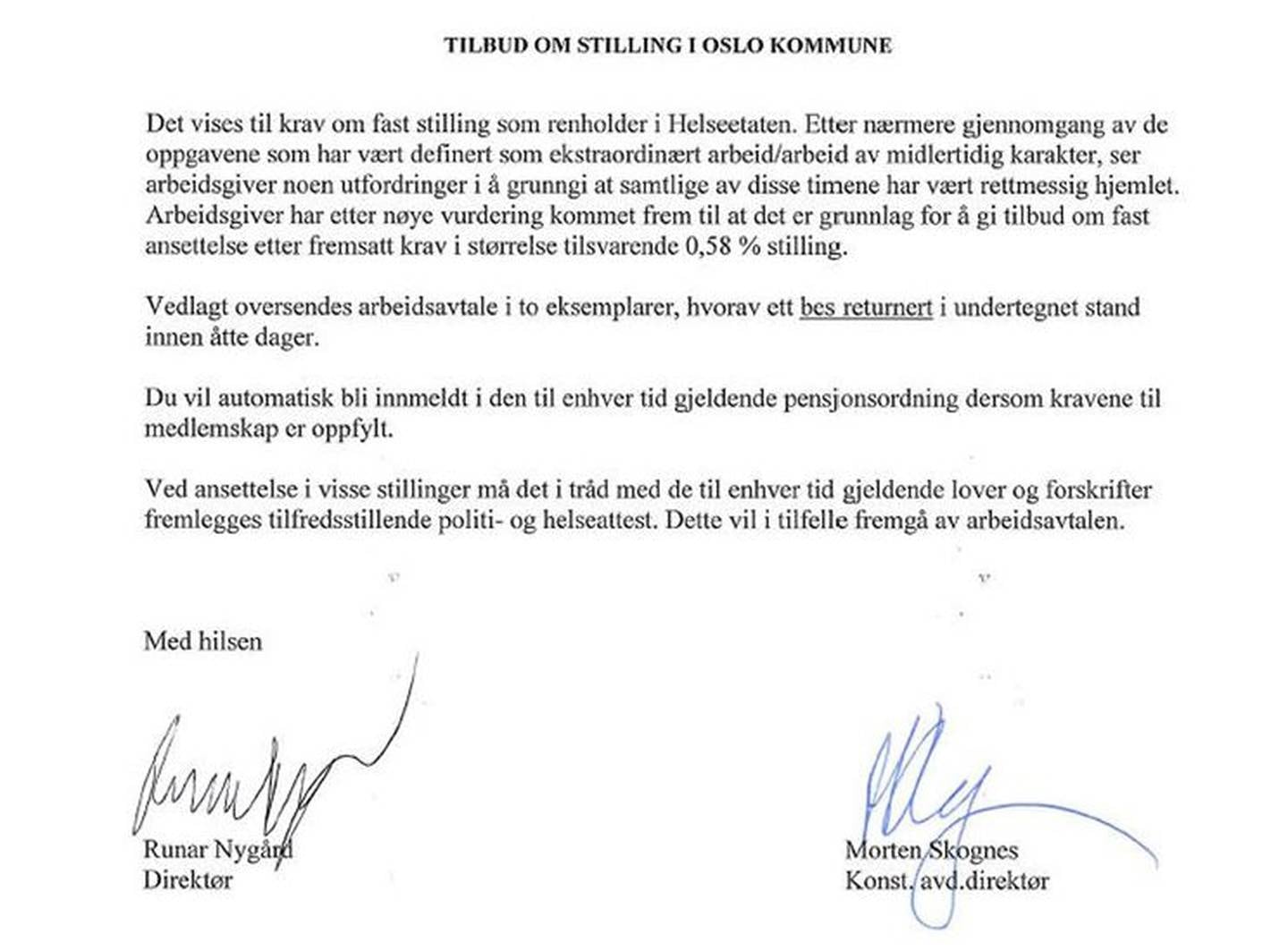 Brevet fra Oslo kommune med tilbud om fast stilling.