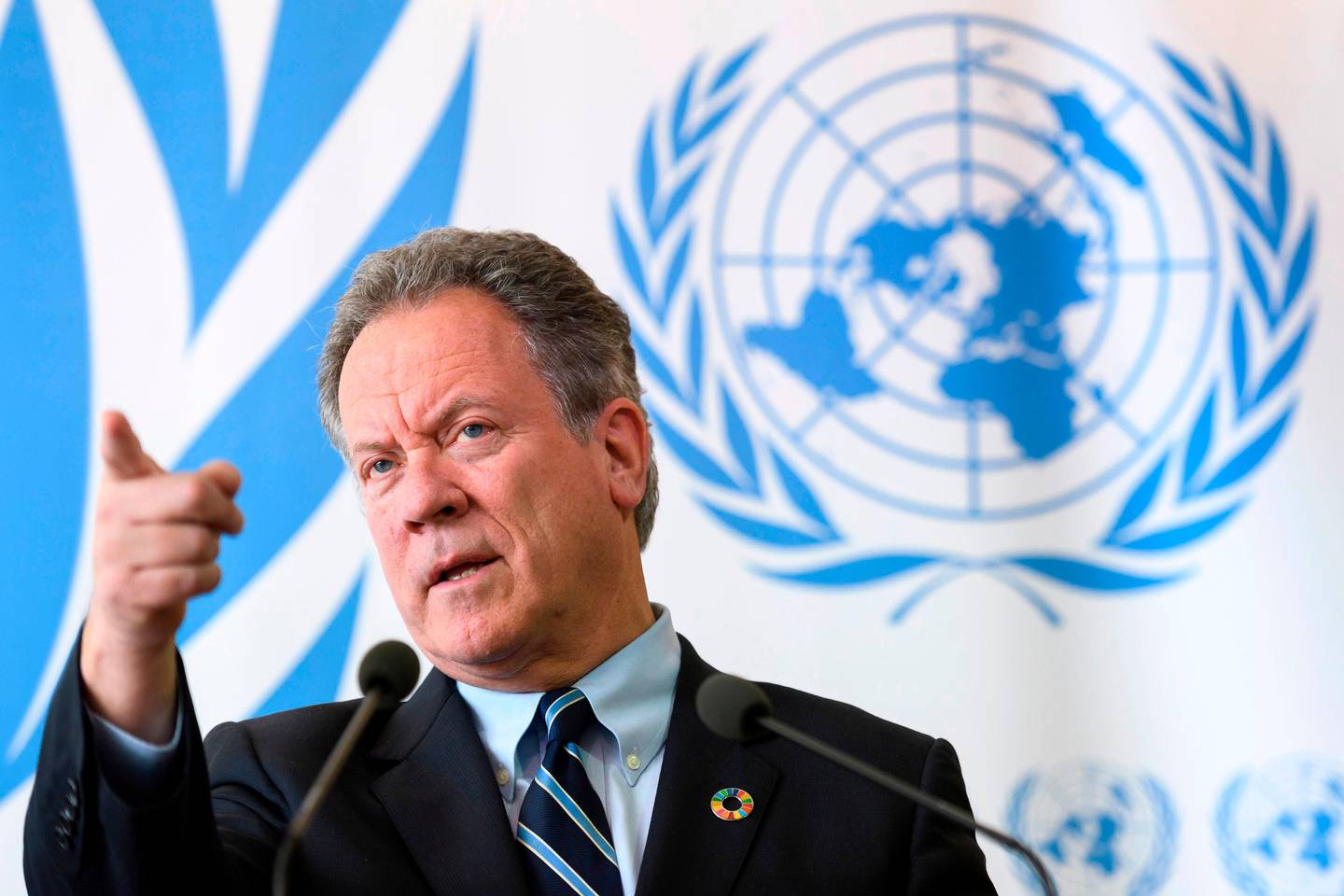 (FILES) In this file photo taken on May 15, 2017 The new head of the World Food Programme (WFP) David Beasley attends a press conference about an updated aid appeal for South Sudan on May 15, 2017 at the United Nations Office in Geneva. - Adjusting to a world where travel is hampered by the pandemic, this year's Nobel laureates will receive their prizes at home this week following the cancellation of the traditional Stockholm and Oslo ceremonies. The prestigious Nobel Peace Prize, which is normally handed out in Norway's capital Oslo, will be presented in Rome on December 10, 2020 to World Food Programme executive director David Beasley at a ceremony broadcast online. (Photo by Fabrice COFFRINI / AFP)