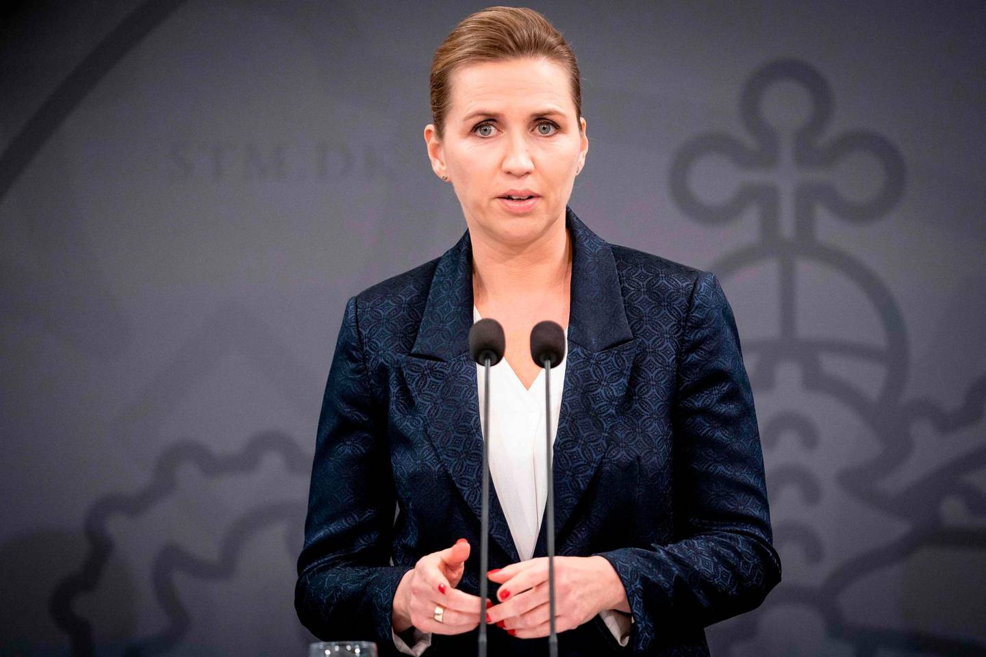 Denmark's Prime Minister Mette Frederiksen attends a Covid-19 press conference in the Prime Minister's Office in Copenhagen, on october 23, 2020. (Photo by Mads Claus Rasmussen / Ritzau Scanpix / AFP) / Denmark OUT