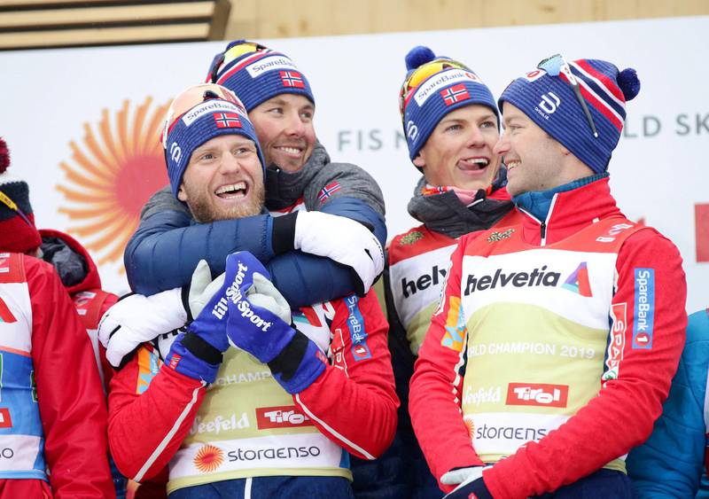 Vinnerne: Emil Iversen, Martin Johnsrud Sundby, Sjur Røthe and Johannes Høsflot Klæbo celebrate.