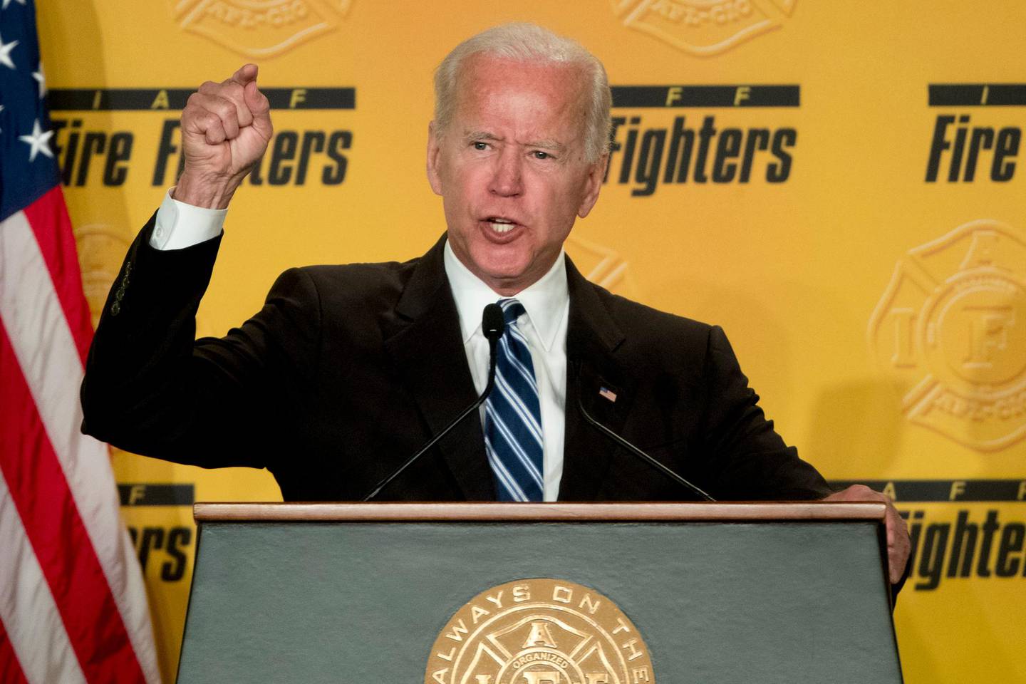 FILE - In this March 12, 2019 photo, former Vice President Joe Biden speaks to the International Association of Firefighters at the Hyatt Regency on Capitol Hill in Washington. As the former vice president inches closer toward a third White House run, several moments in his long career loom as immediate political liabilities should he decide to join a Democratic primary already stocked with more than a dozen candidates. From his vote for the Iraq war to his key role in passing a bill that made bankruptcy harder to declare for debt-ridden Americans, Biden would have multiple fronts on which to reconcile his past with the future of a party thatÄôs moved leftward even since he left former President Barack ObamaÄôs administration. (AP Photo/Andrew Harnik)