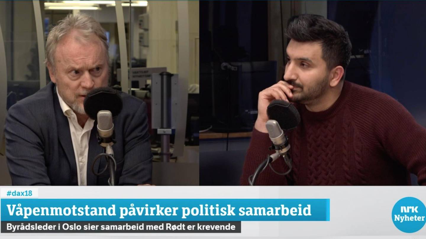 Raymond Johansen og Siavash Mobasheri under debatten på Dagsnytt 18 mandag.