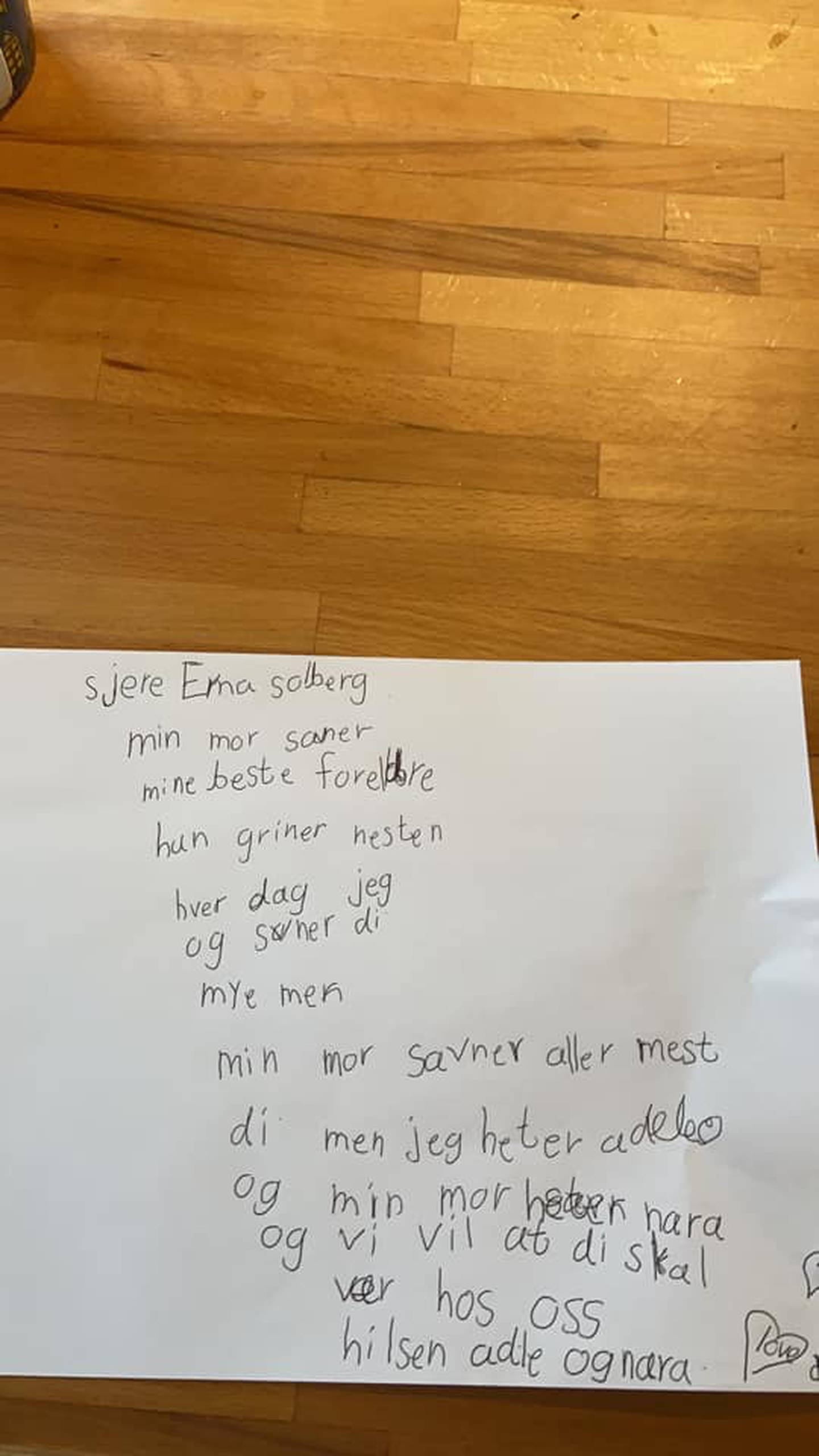 Brevet seks år gamle Adel fra Lura skrev til statsminister Erna Solberg.