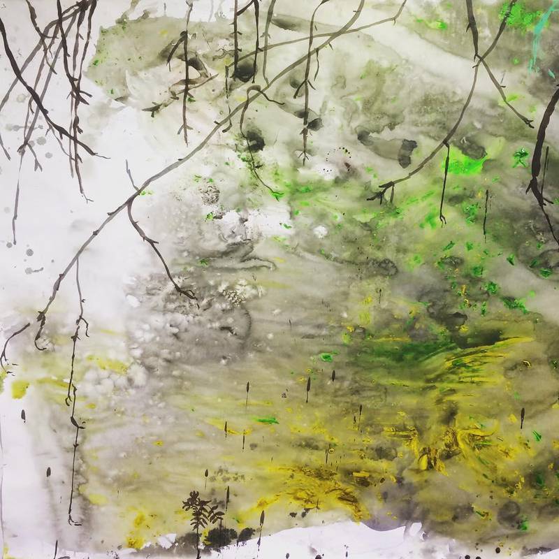 – Her er et av bildene til Jannicke Schønning. Hun har naturen rundt henne når hun maler. På dette sommermaleriet har det vært en blomsterspredning, som da har kommet inn i maleriet og blitt en del av det. På vintermaleriet kan man se iskrystaller som setter seg på maleriet, forteller Adam Sindre Johnson.