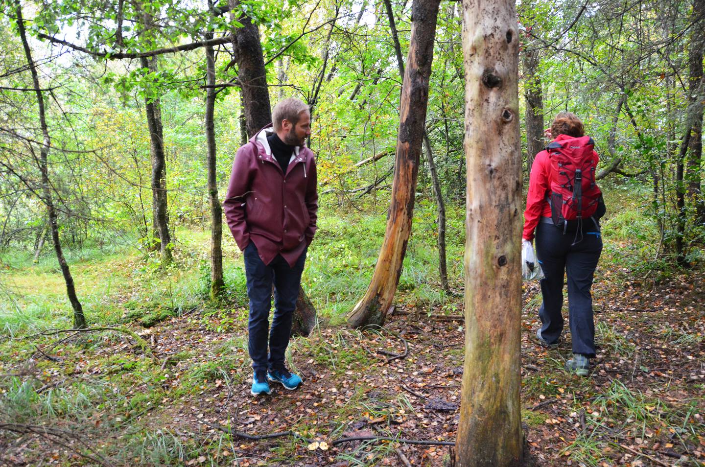 Kjartan Skjelde og Hilde Grøtte tar plutselig av avstikker inn i skogen for å se etter sopp.