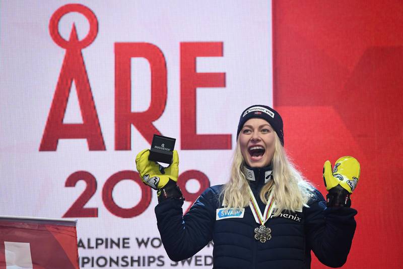 Bronze medalist Norway's Ragnhild Mowinckel reacts during the medal ceremony the 2019 FIS Alpine Ski World Championships at the National Arena in Are, Sweden on February 8, 2019. (Photo by Jonathan NACKSTRAND / AFP)