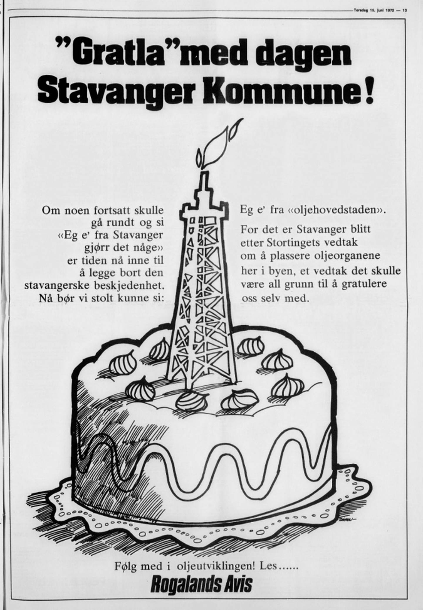 Faksimile Rogalands Avis 15. juni 1972.