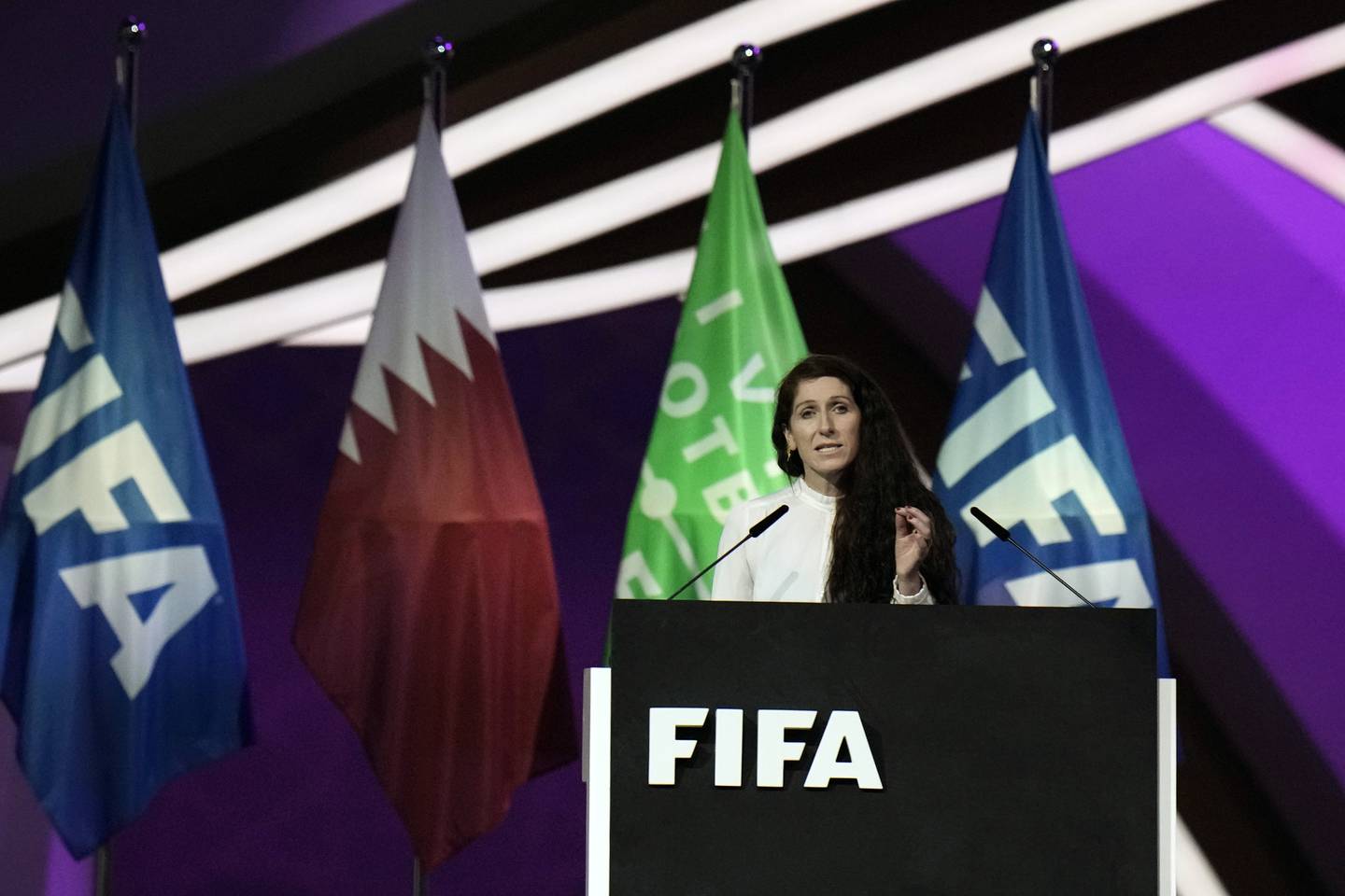 Lise Klaveness i aksjon på Fifa-kongressen i Doha 31. mars i fjor.