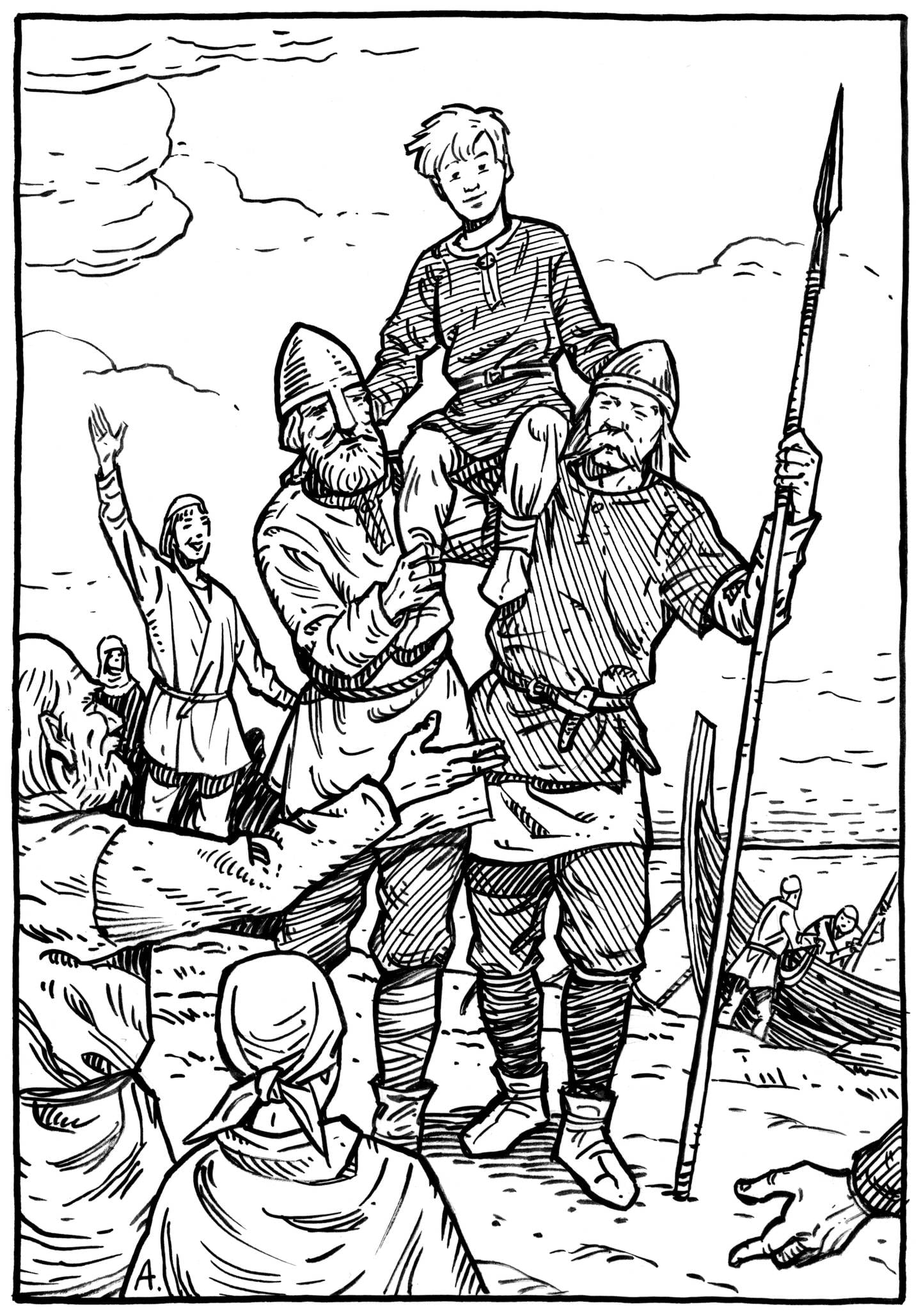 Saga Boks utgave av Ågrip - En norsk kongesaga er illustrert av Andres Kvåle Rue. Oversatt til bokmål av Edvard Eikill.