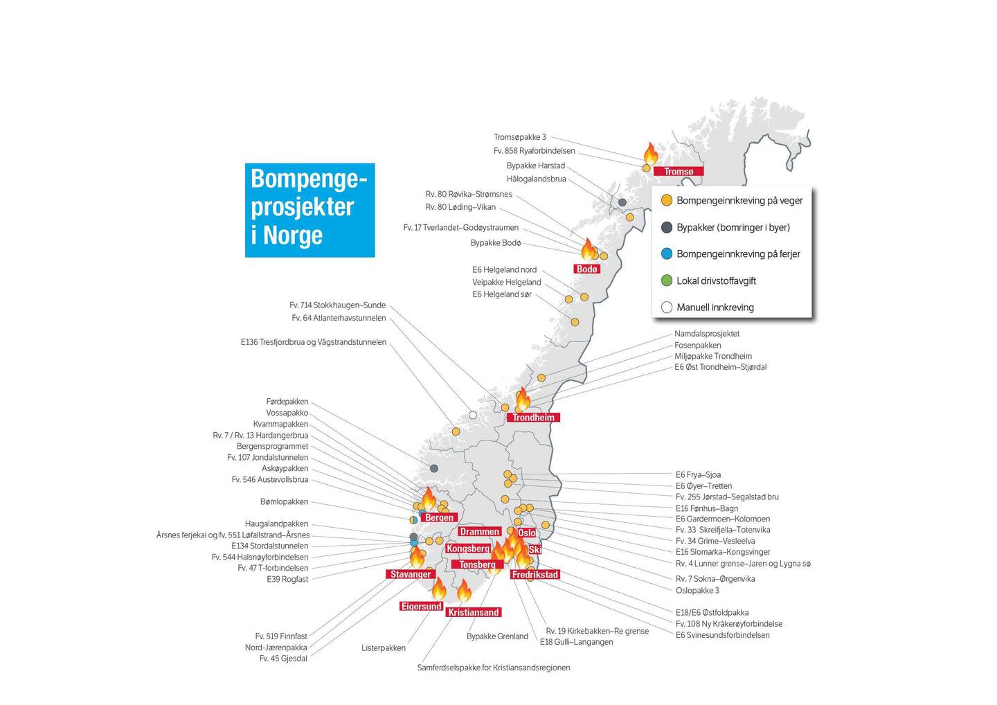 Her er kartet som viser de pågående bompengeprosjektene i Norge. Dagsavisen har markert hvor det pågår bompengeopprør.
