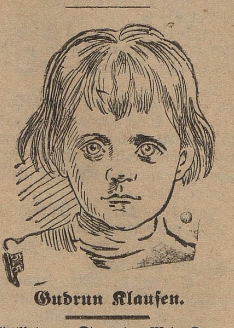 Gudrun Klausen] Lille Gudrun Klausen fra Ruseløkka ble etterlyst over hele landet. Her er tegningen av henne trykket da hun ble funnet i desember 1907.