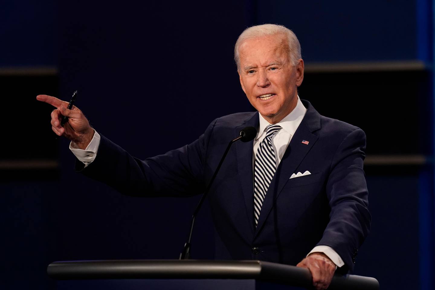 Democratic presidential candidate former Vice President Joe Biden gestures while speaking during the first presidential debate Tuesday, Sept. 29, 2020, at Case Western University and Cleveland Clinic, in Cleveland, Ohio. (AP Photo/Patrick Semansky)