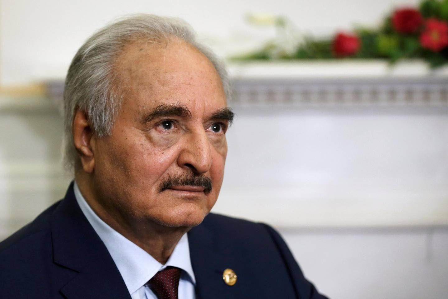 Libyan commander Khalifa Haftar meets Greek Foreign Minister Nikos Dendias (not pictured) at the Foreign Ministry in Athens, Greece, January 17, 2020. REUTERS/Costas Baltas