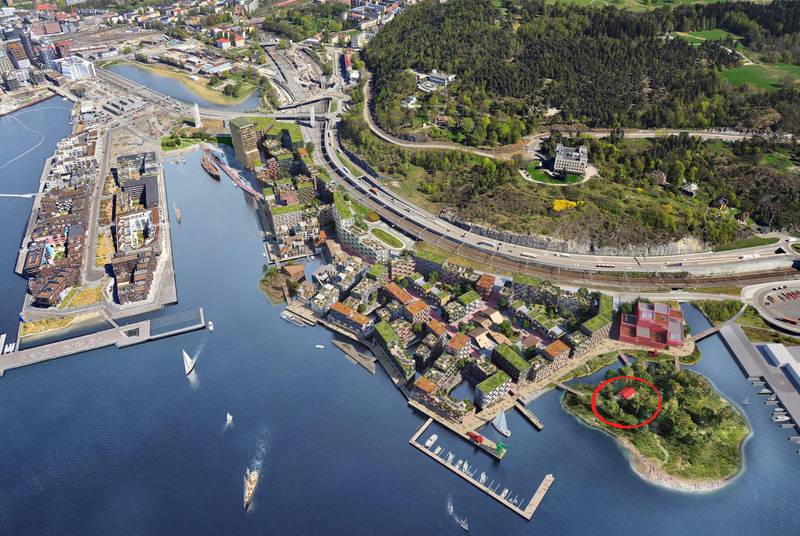 På de nye planene for Grønlikaia er huset (ringet rundt) fra Kongshavn plassert ytterst på friområdet.