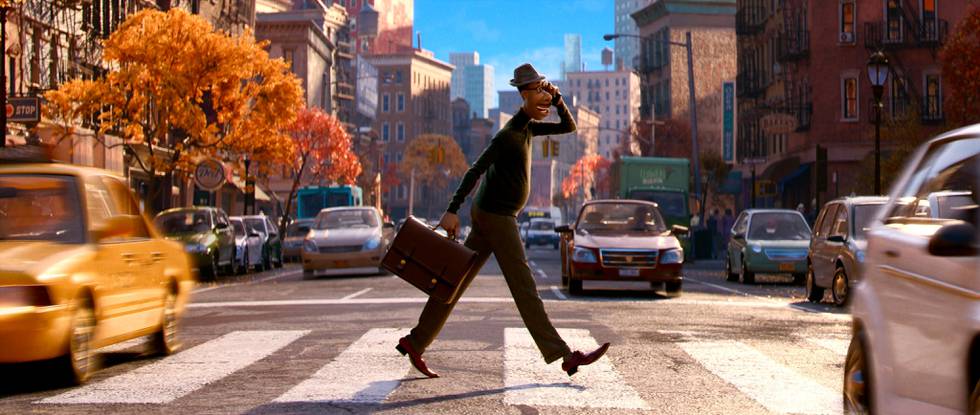 This image released by Disney-Pixar shows the character Joe Gardner, voiced by  Jamie Foxx, in a scene from the animated film "Soul." (Disney Pixar via AP)