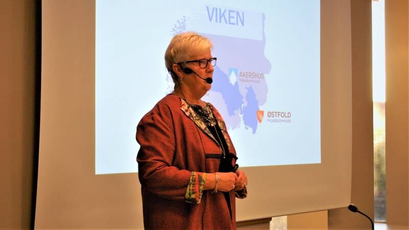 Daværende fylkesrådmann Anne Skau under framleggelsen av sitt forslag til Østfold fylkeskommunes budsjett for 2019.