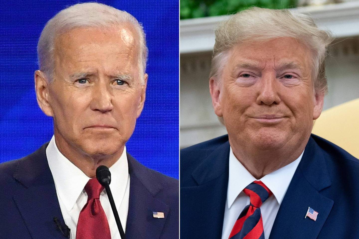 (FILES)(COMBO) This combination of files pictures created on September 24, 2019 shows Democratic presidential hopeful Former Vice President Joe Biden at Texas Southern University in Houston, Texas on September 12, 2019,and US President Donald Trump during a meeting in the Oval Office at the White House in Washington, DC, September 20, 2019. - US President Donald Trump openly called on China as well as Ukraine to investigate his potential 2020 election rival Joe Biden, taunting Democrats seeking his impeachment for inviting foreign election interference. Speaking in Florida October 3, 2019, Trump blasted his accusers as "maniacs" pursuing "impeachment crap" as he sought to turn the tables on a probe that threatens to make him only the third US president ever impeached in the House of Representatives, and face a trial in the Senate. (Photos by Robyn BECK and SAUL LOEB / AFP)