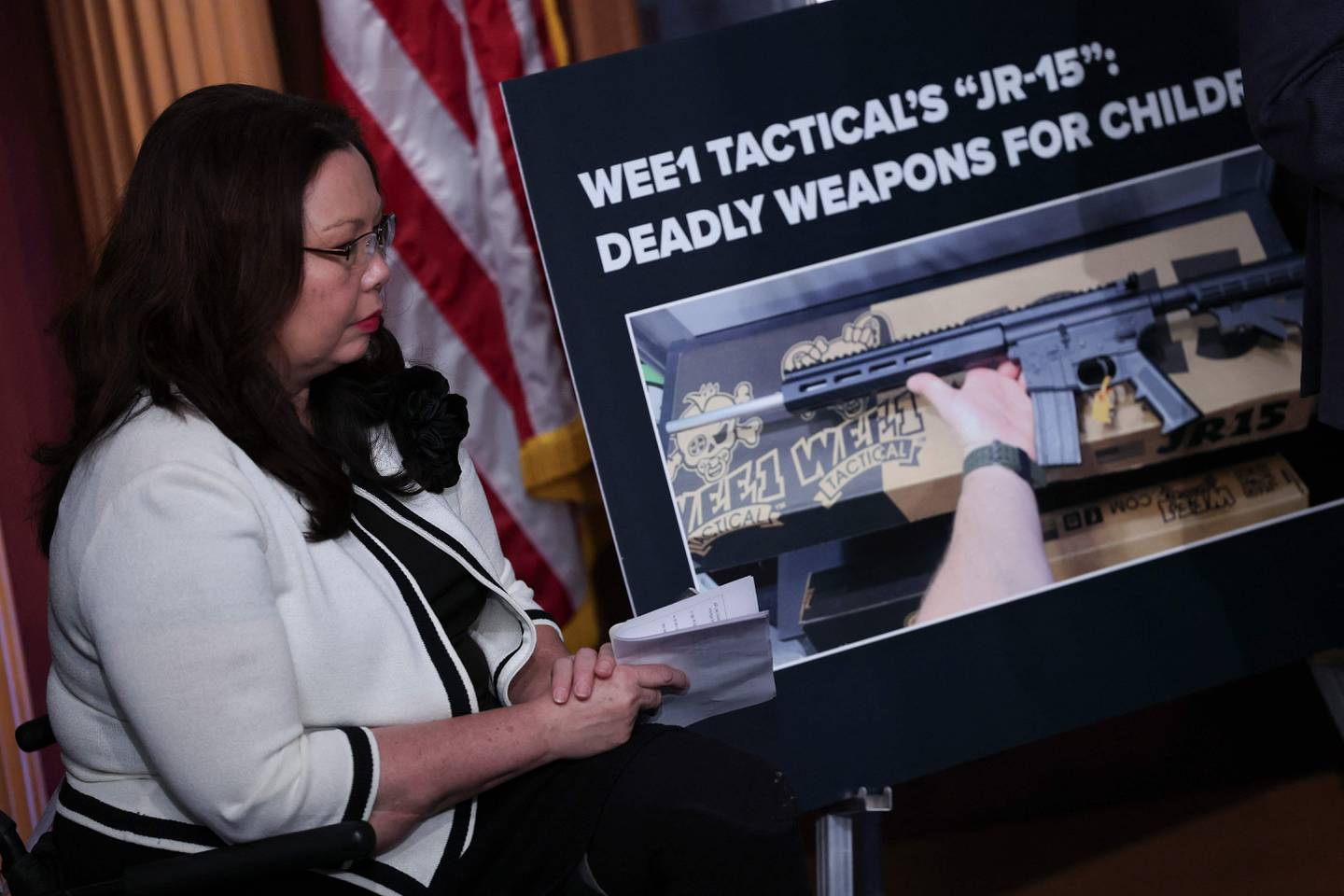 WASHINGTON, DC - JANUARY 26: Sen. Tammy Duckworth (D-IL) joins with other Democratic members of the Senate at a U.S. Capitol press conference condemning WEE1 Tactical's "JR-15" rifle marketed to children January 26, 2023 in Washington, DC. The senators called for an FTC investigation into the company’s practice of marketing firearms to children.   Win McNamee/Getty Images/AFP (Photo by WIN MCNAMEE / GETTY IMAGES NORTH AMERICA / Getty Images via AFP)