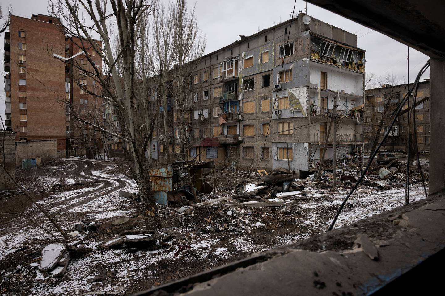 Damaged apartment blocks that were destroyed in a Russian missile strike are seen, amid Russia’s attack on Ukraine, in Selydove near Avdiivka, Ukraine, February 19, 2024. REUTERS/Thomas Peter
