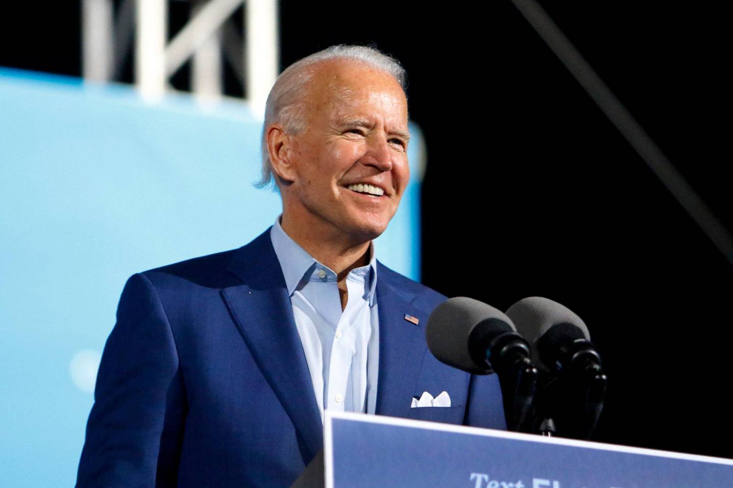 Democratic presidential candidate and former Vice President Joe Biden speaks to a crowd of supporters during a drive-in rally at the Florida State Fairgrounds, Thursday, Oct. 29, 2020 in Tampa, Fla. (Luis Santana/Tampa Bay Times via AP)