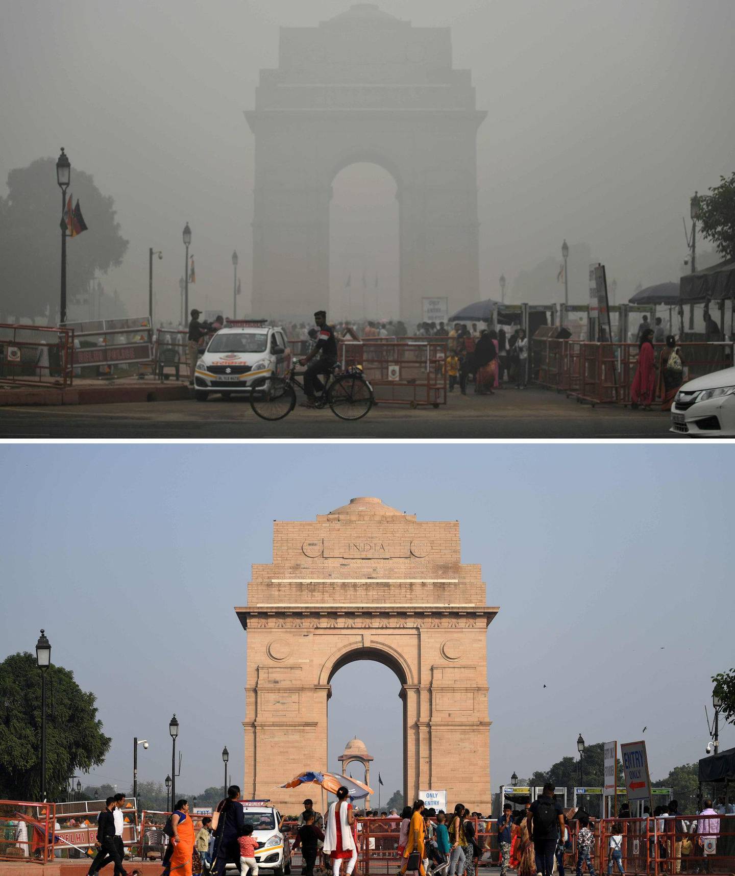 India Gate i New Delhi 3. november (øverst) under et tett lag av luftforurensning. 4. november (under) hadde det lettet, men det er fortsatt høy grad av luftforurensning i byen.FOTO: SAJJAD HUSSAIN/NTB SCANPIX
