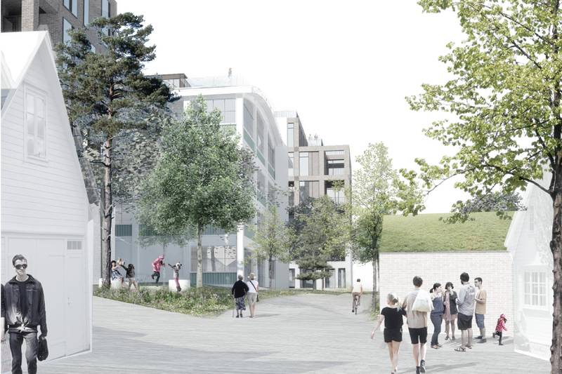 Sunden Holding AS vil bygge boligblokker ved Shell-tomten og Gamle Stavanger. Verkstedhallen i midten. Nærheten til Gamle Stavanger er et moment saksbehandlerne vektlegger. Illustrasjon: Henning Larsen Architects