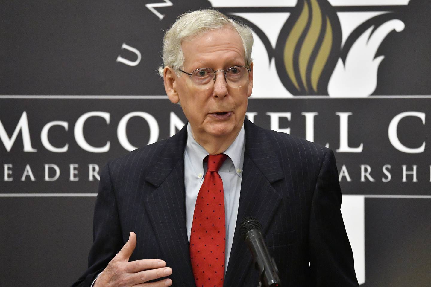 FILE - Senate Minority Leader Mitch McConnell, R-Ky., makes remarks during a presentation at the University of Louisville in Louisville, Ky., Tuesday, April 2, 2024. With his days as Republican leader now looming, the Kentuckian speaks more freely about his priorities once he stops calling the shots For the benefit of his party.  (AP Photo/Timothy D. Easley, File)