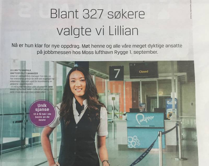 Slik promoterer Moss lufthavn Rygge sine ansatte i annonser i flere aviser i Østfold og Akershus.