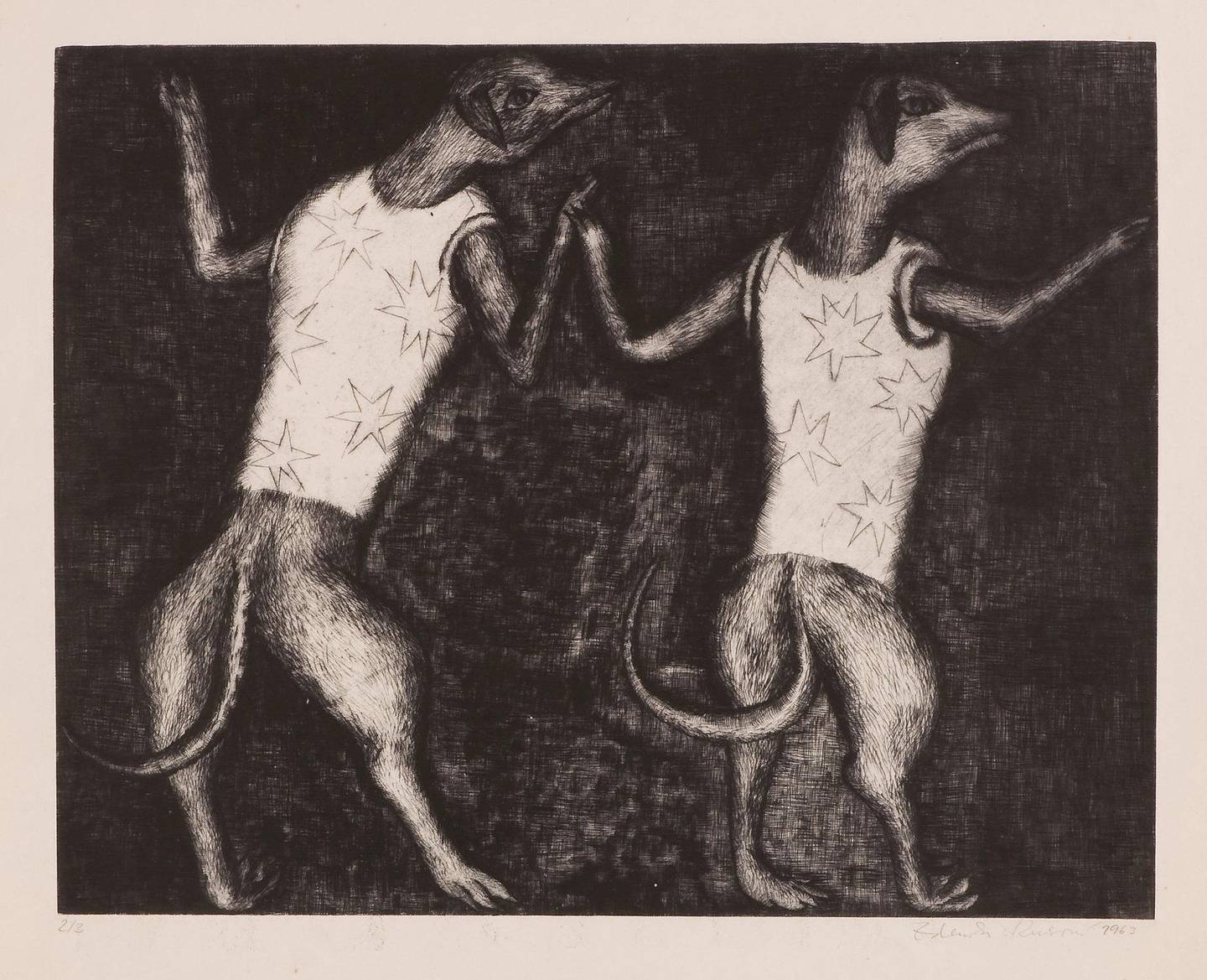 Innenfor sin sjanger, som er tegning og grafikk, er Zdenka Rusova suveren. Her «Dresserte hunder» fra 1963.