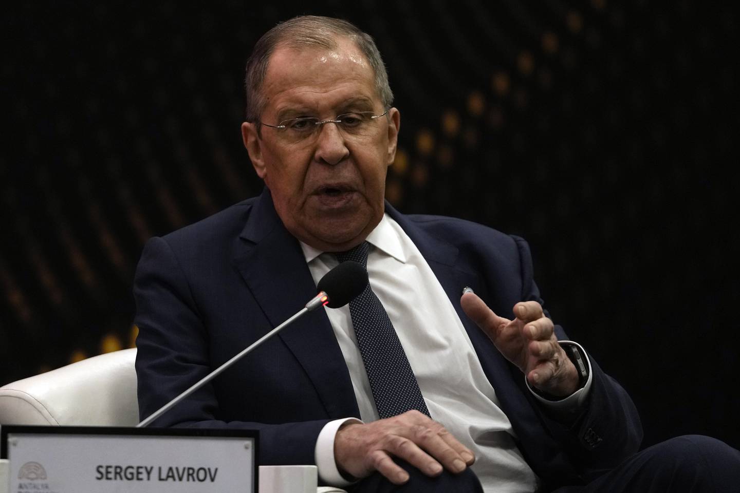 Russian Foreign Minister Sergey Lavrov, speaks in a panel at the Antalya Diplomacy Forum in Antalya, Turkey, Friday, March 1, 2024. (AP Photo/Khalil Hamra)