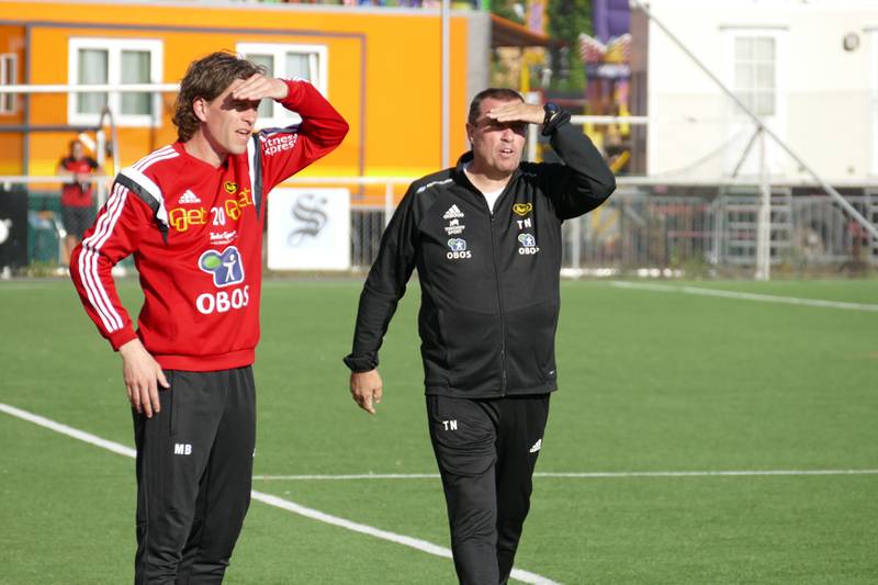 Hva ser de om Skeids framtid? Tom Nordlie og Morten Berre (t.v.) utgjør 2. divisjons mest profilerte trenerduo.