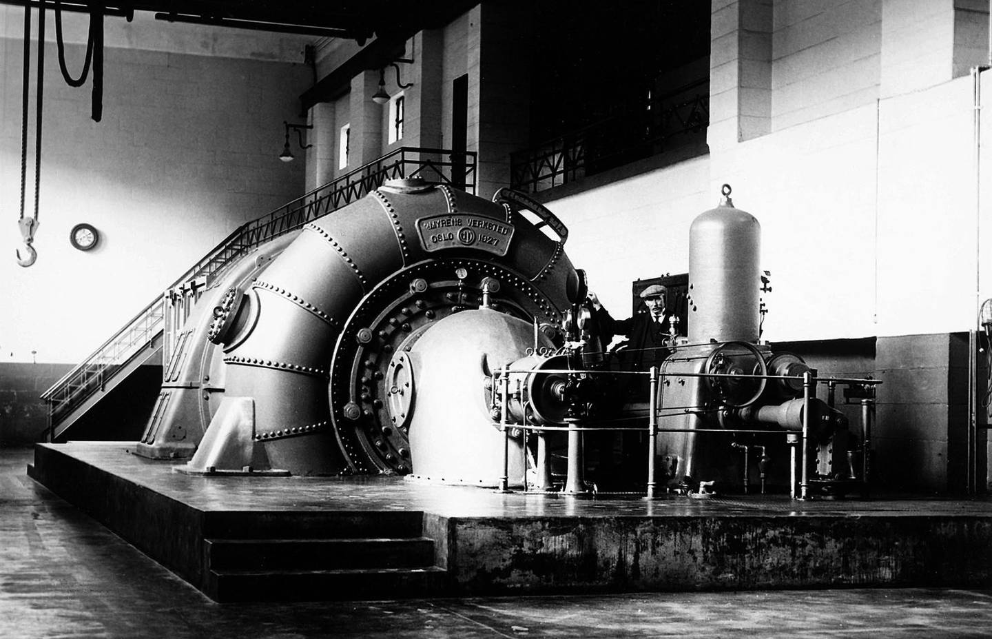 Et aggregat ved Hammeren kraftverk fotografert i 1929. Maskinene var bygd av J. & A. Jensen og Dahl. FOTO: UKJENT/OSLO MUSEUM