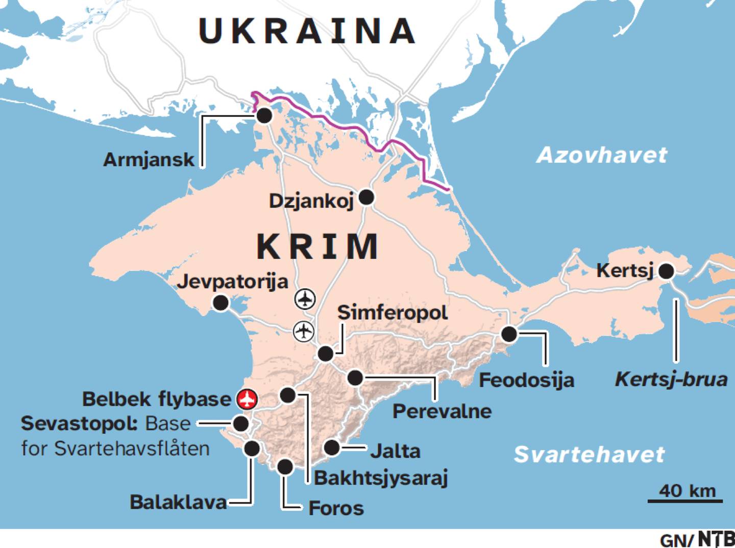 Kart over den annekterte ukrainske Krim-halvøya. Sevastopol ses i sørvest.