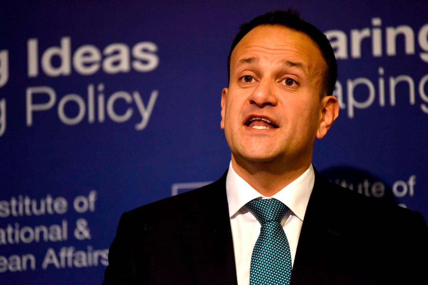 Ireland's Prime Minister Leo Varadkar addresses a gathering on the subject of Brexit at the Institute of International and European Affairs in Dublin, on January  31, 2020. - Britain on January 31 ends almost half a century of integration with its closest neighbours and leaves the European Union, starting a new -- but still uncertain -- chapter in its long history. (Photo by Bryan Meade / AFP)