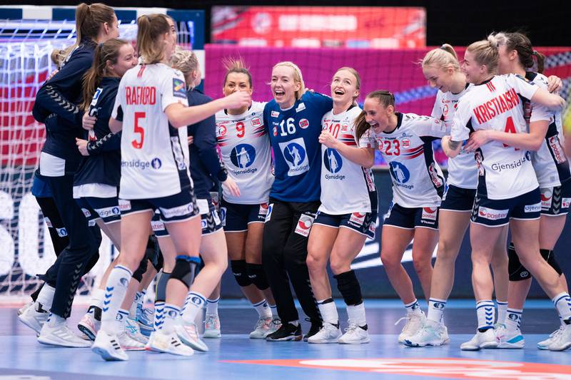 Norway celebrates winning the EHF Euro 2020 European Women's Handball preliminary round match between Romania and Norway at Sydbank Arena in Kolding in Denmark, Monday Dec. 7, 2020. (Claus Fisker/Ritzau Scanpix via AP)