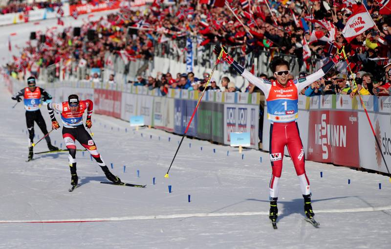 Nordic Combined - FIS Nordic World Ski Championships - Men's individual normal hill/10km - Seefeld, Austria - February 28, 2019 - Winner Norway's Jarl Magnus Riiber celebrates. REUTERS/Lisi Niesner