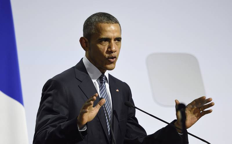 USAs president Barack Obama holdt en alvorstung og personlig tale under åpningen av FNs klimakonferanse. FOTO: NTB SCANPIX